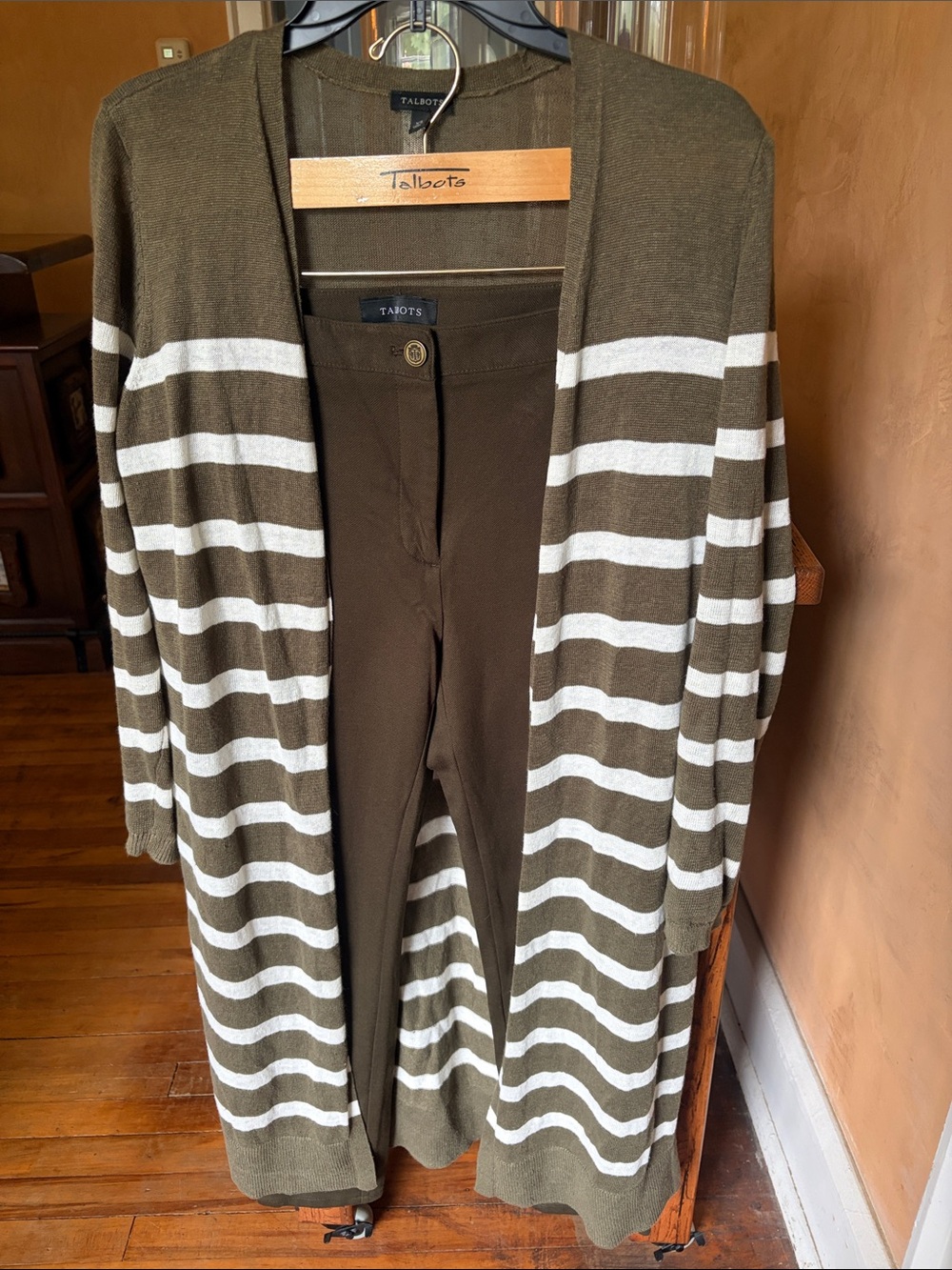 Talbots Olive & White Striped Linen Cardigan with Olive Pull-On Pants